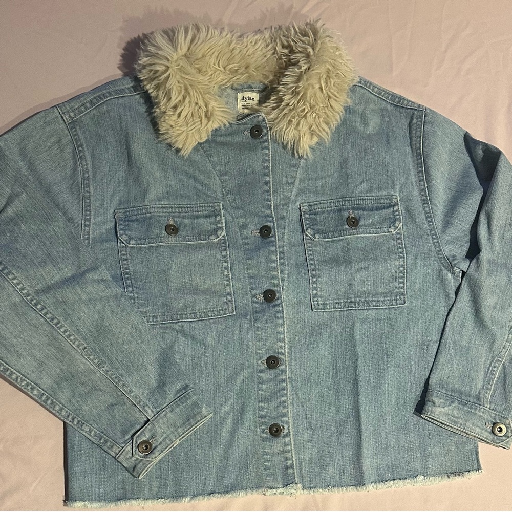 Dylan Denim Trucker Jacket Small Sherpa Collar faux fur jean button up western